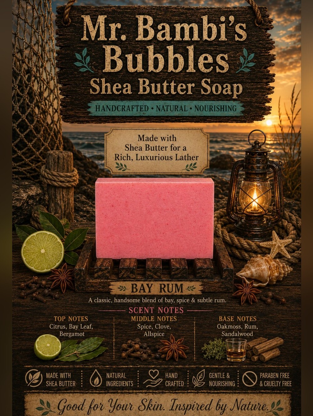 Bay Rum Hand Crafted  4oz Bar Shea Butter Soap